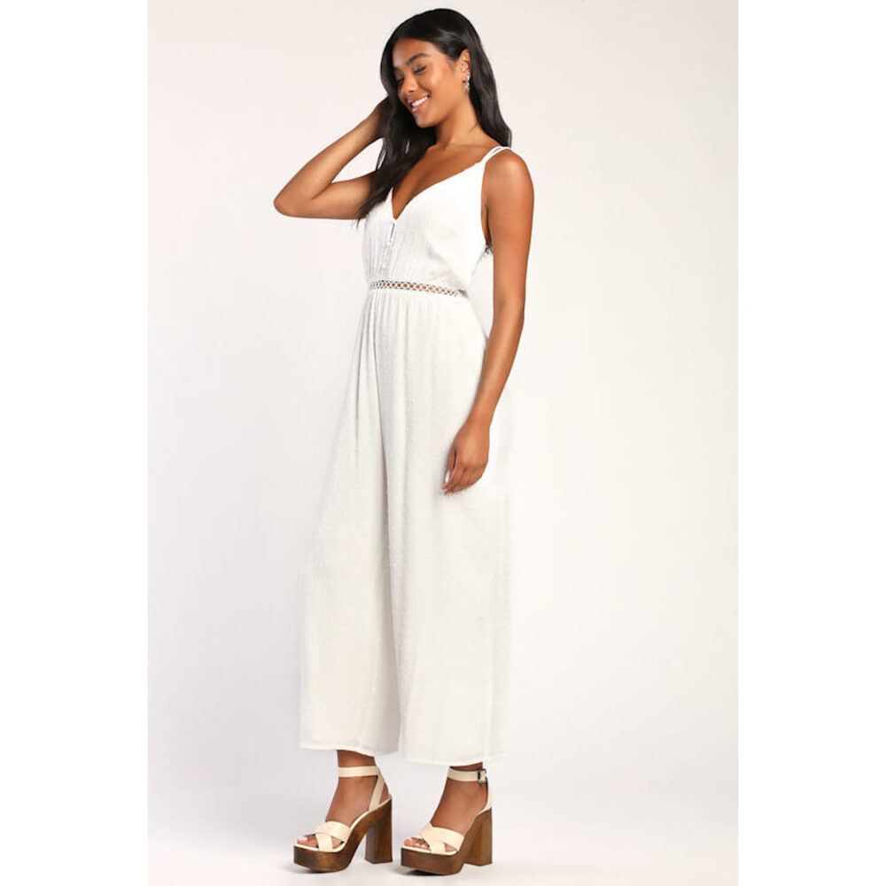 Lulus Sunny And Chic Ivory Swiss Dot Backless Jumpsuit White - Size M